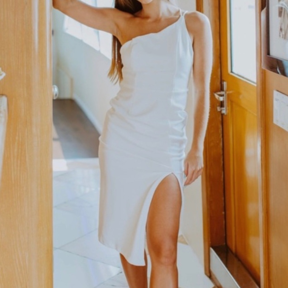 White One Shoulder Mid Length with Slit. Size Medium